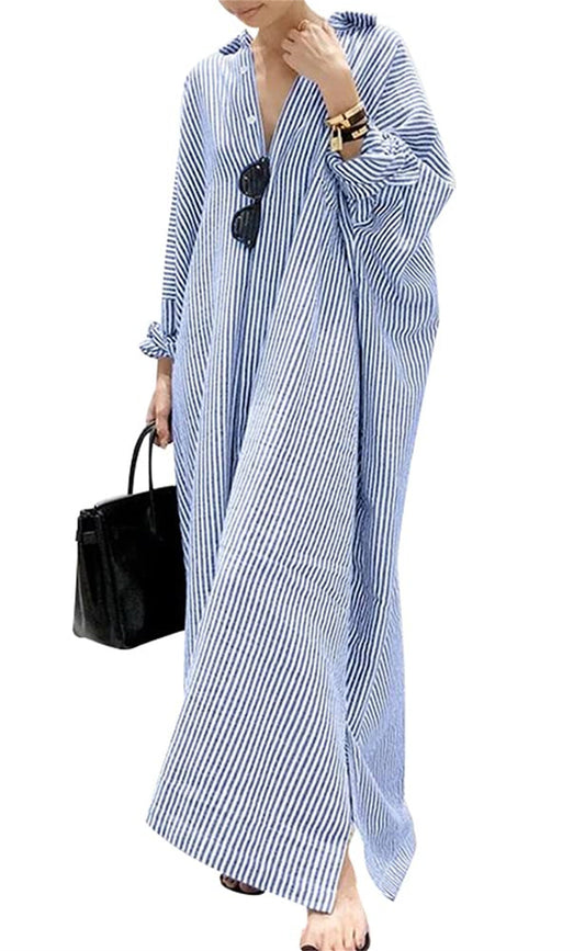 Riviera Breeze Oversized Striped Maxi Shirt Dress