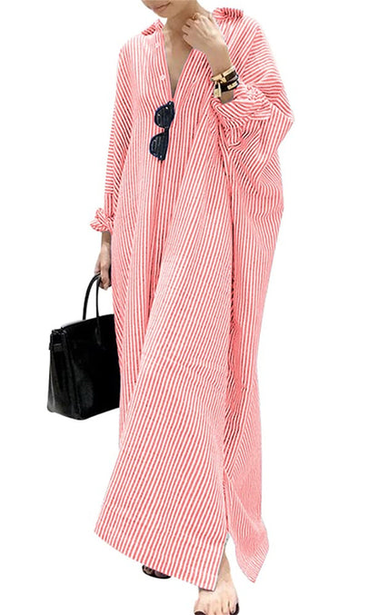 Riviera Breeze Oversized Striped Maxi Shirt Dress